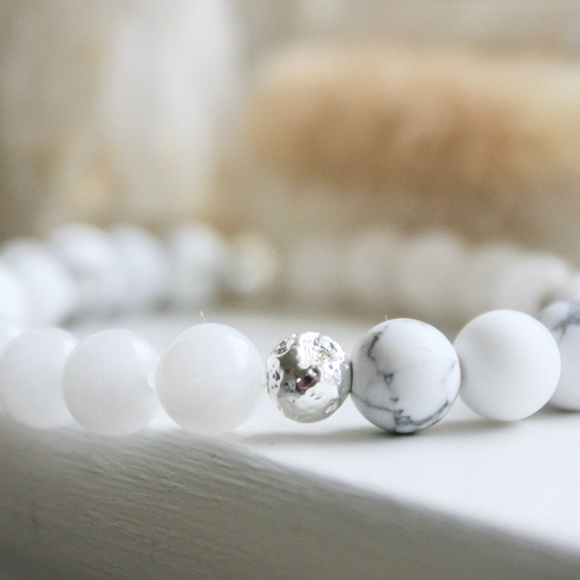 White Jade White Howlite Silver Lava Bead Gemstone Chakra Balancing Energy Brace - Picture 2 of 2